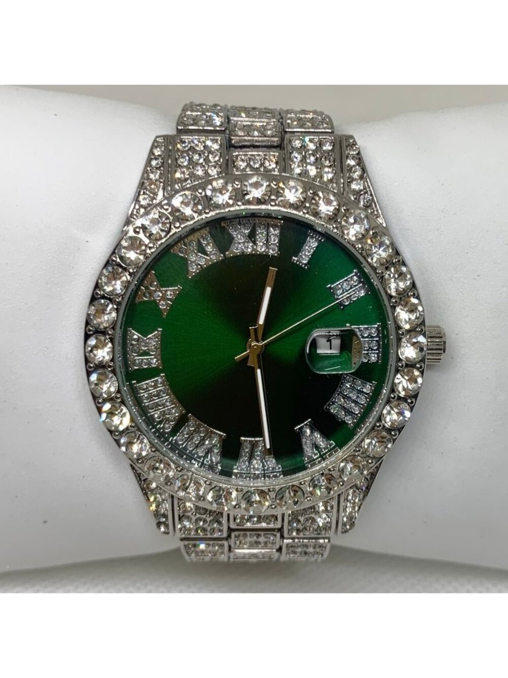 Silver tone quartz analog iced watch green dial 43mm round size 6.5” running